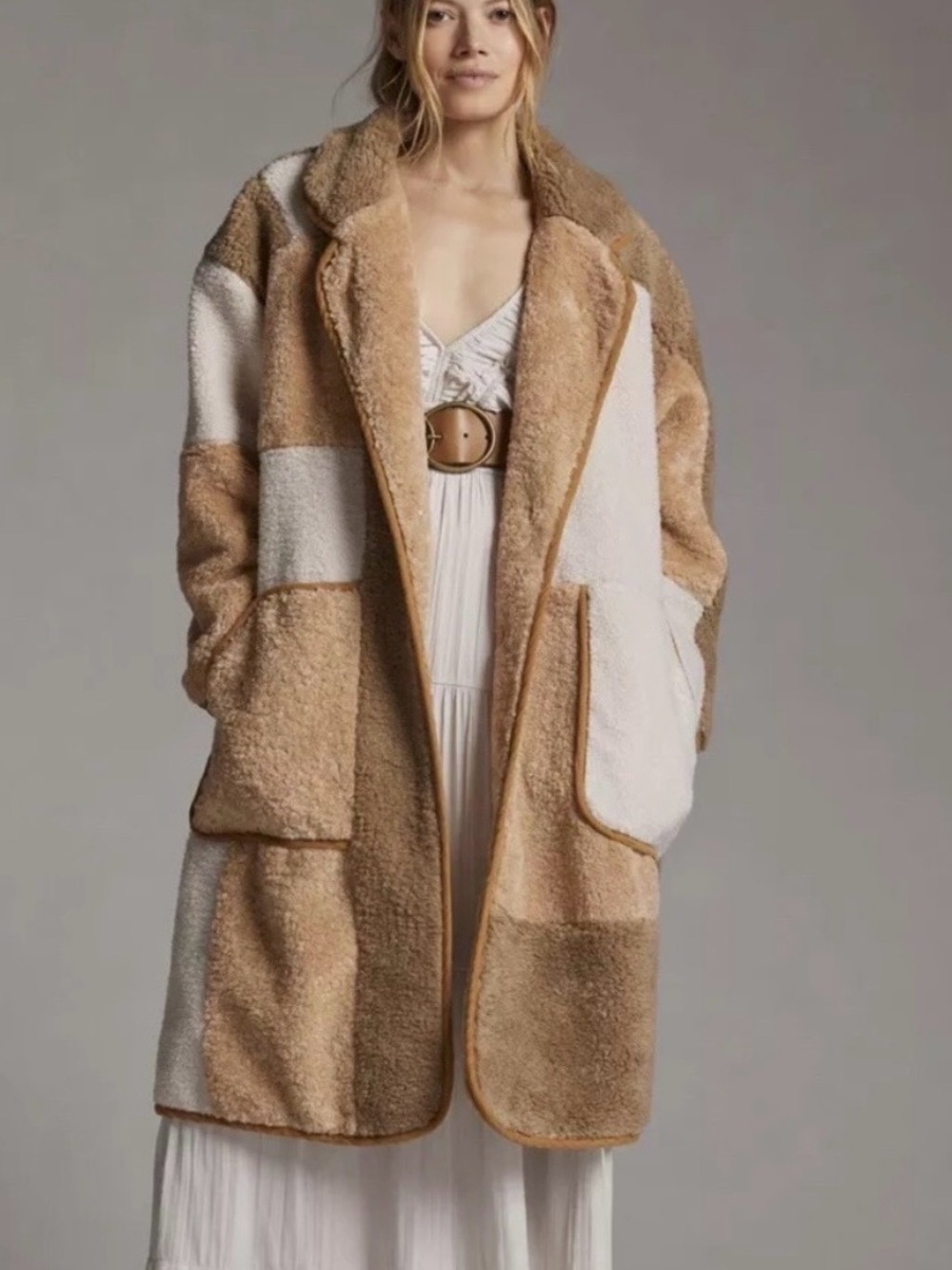 Anthropologie Patchwork Teddy Coat in Beige and Cream